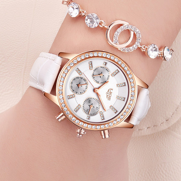 Leather Quartz Ladies Diamond Dress Watch
