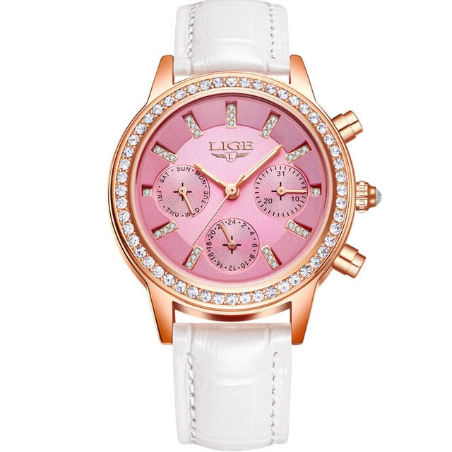 Leather Quartz Ladies Diamond Dress Watch