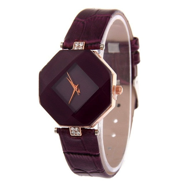 Geometry Crystal Leather Quartz Wristwatch