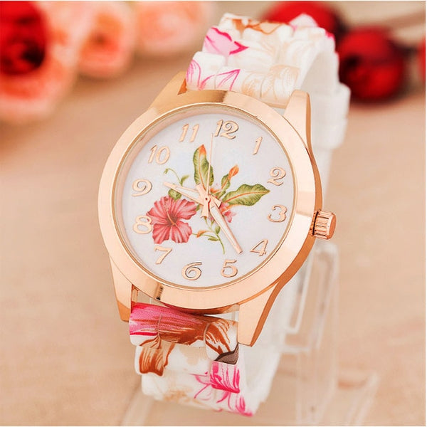 Flower Print Silicone Quartz Watch