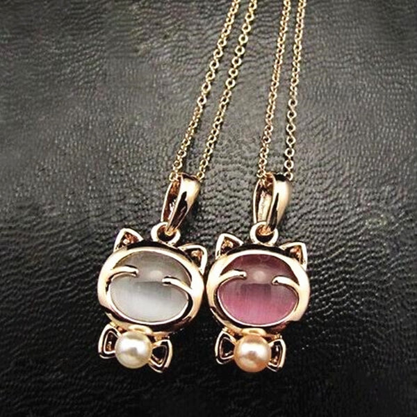Cute Lucky Cat Opal Chain Necklace Jewelry