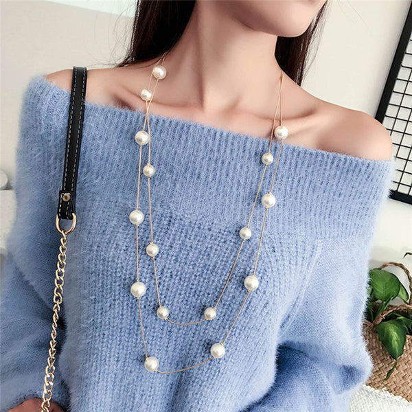 Long Double Layer Pearls Necklaces Clavicle Jewelry