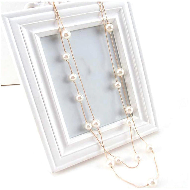 Long Double Layer Pearls Necklaces Clavicle Jewelry
