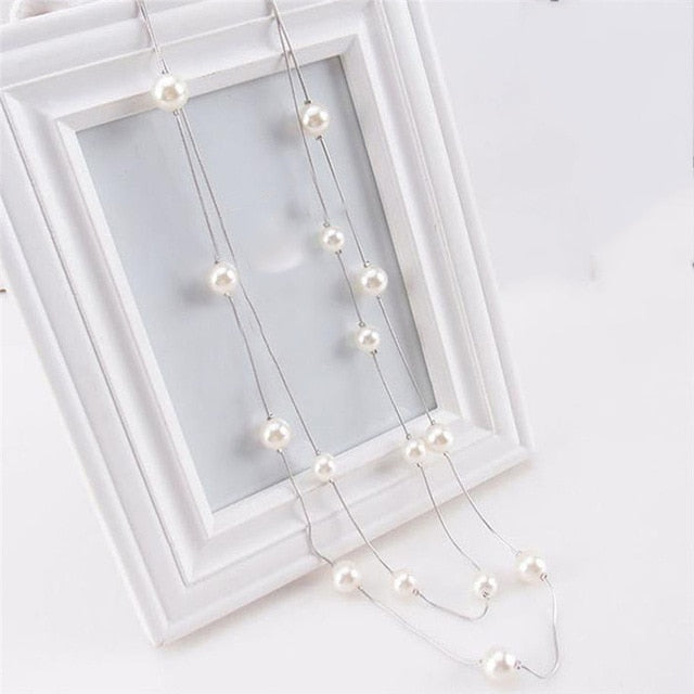 Long Double Layer Pearls Necklaces Clavicle Jewelry