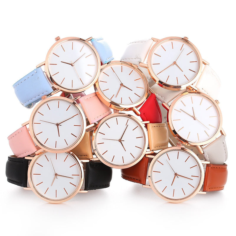 Leather Band Analog Round Wristwatch
